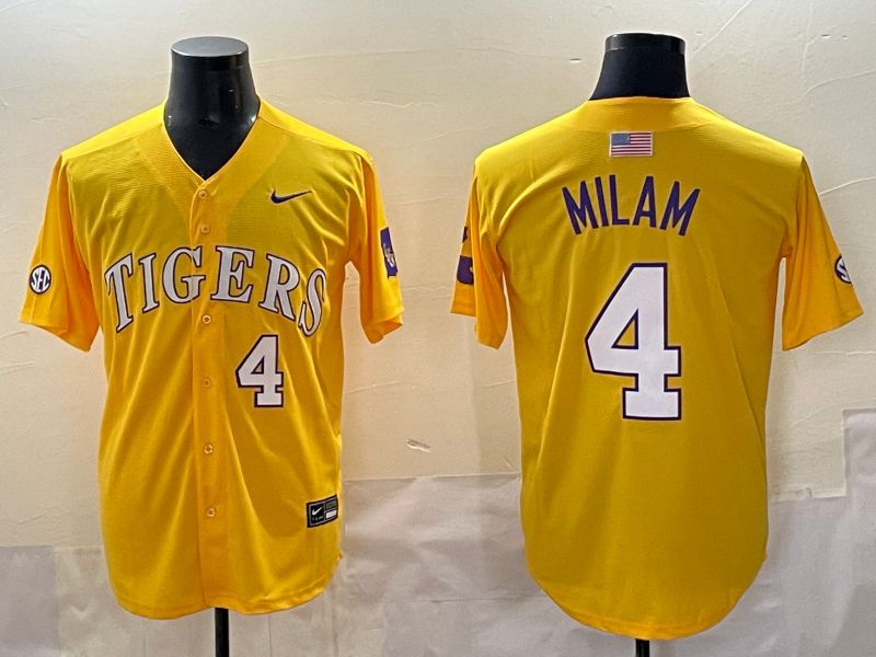 Men 2025 LSU Tigers #4 Milam Yellow Nike Joint Name Nike NCAA Jersey style 6